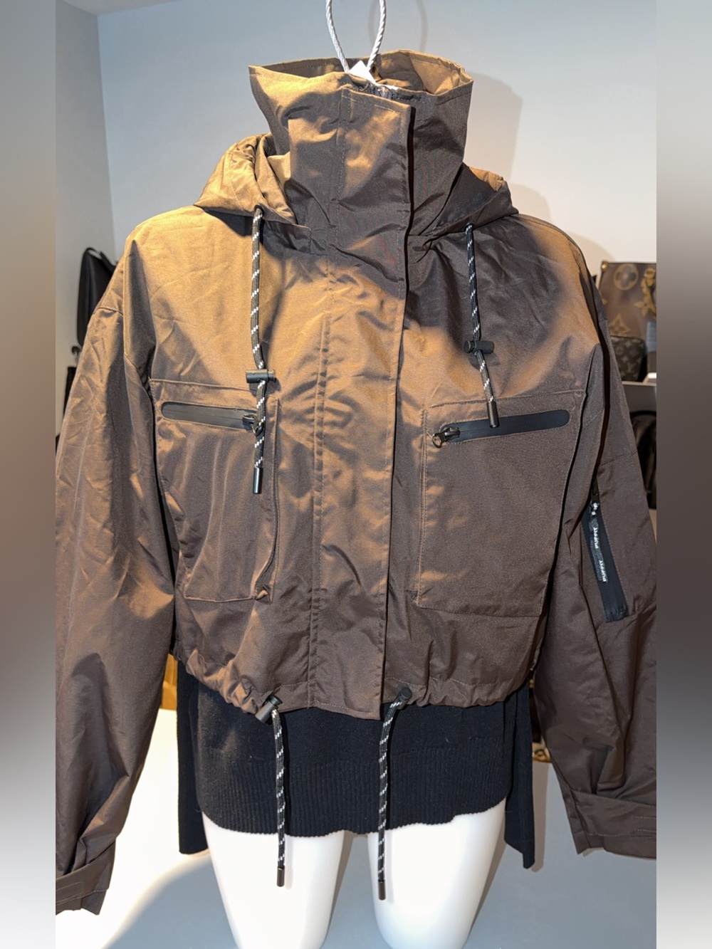 Funnel Neck Brown Hooded Utility Windbreaker Jacket for Women Waterproof Cropped - Picture 8 of 8